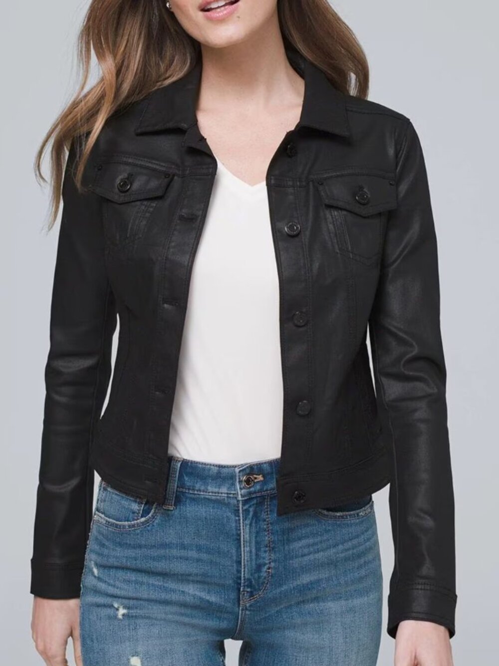 White House Black Market - Black Waxed Denim Jacket - Petite size 2